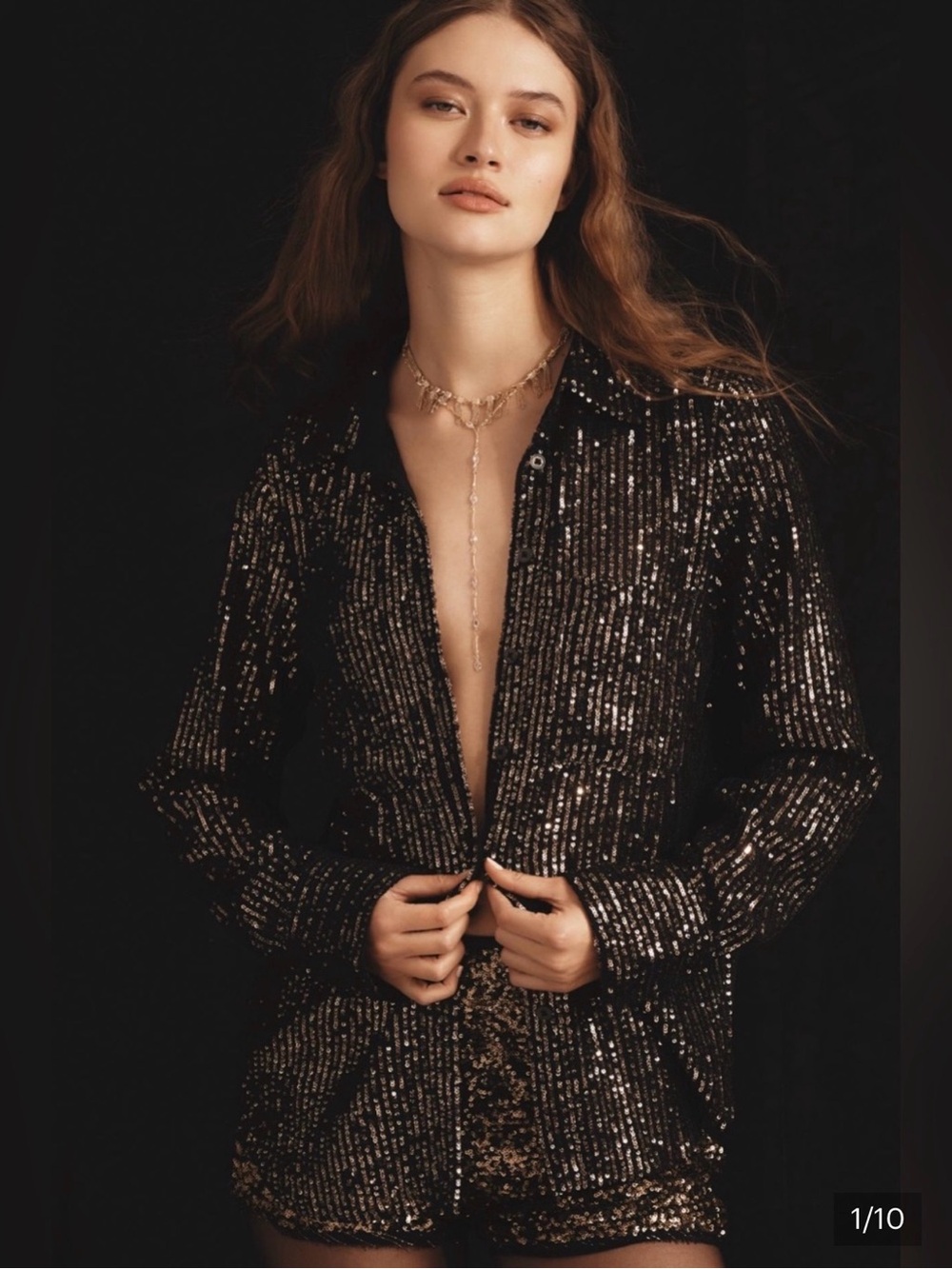 Anthropologie Black Sequin Button-Up Blouse